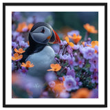 Puffin Bird Among Vibrant Purple And Orange Flowers thumbnail