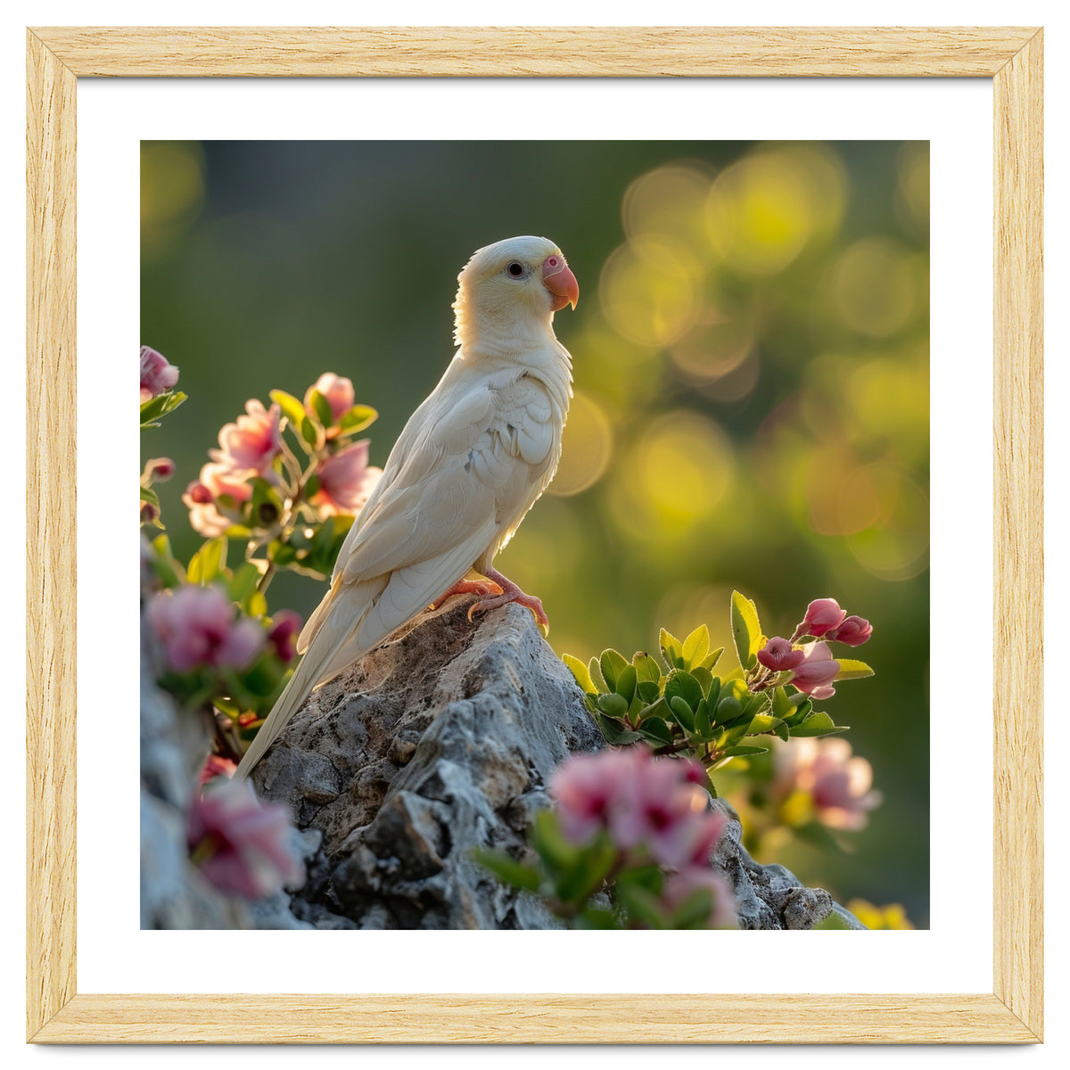 Albino Parrot Perched On A Rock Amongst Flowers