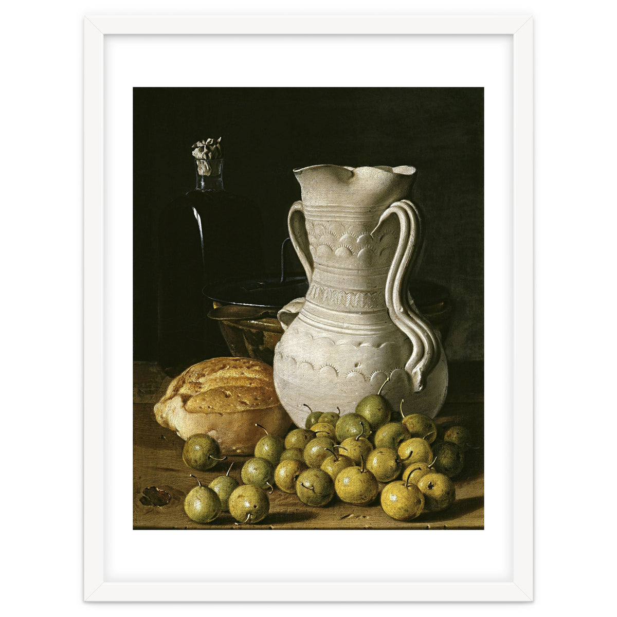Luis Egidio Meléndez: 'Still Life with Small Pears, Bread, White Pitcher, Glass Bottle, and.., 1760.