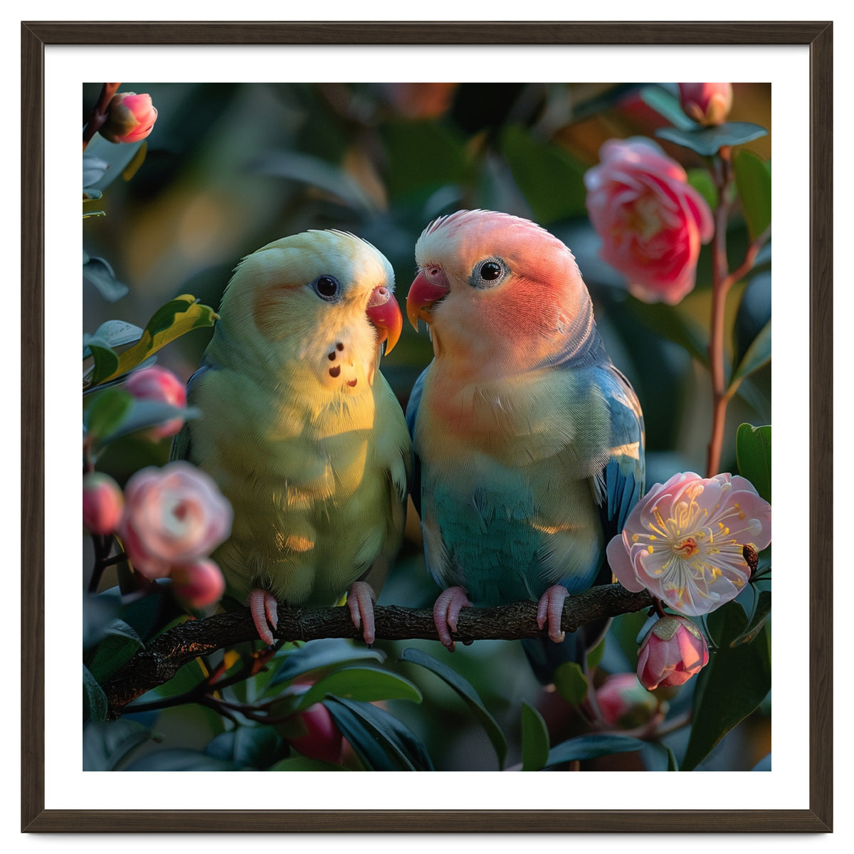 Two Lovebirds Perched On A Branch Near Flowers