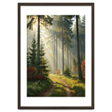 The Golden Path: Ethereal Sunbeams Piercing Through a Misty Evergreen Forest at Dawn thumbnail