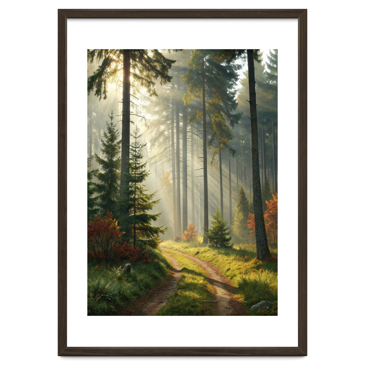 The Golden Path: Ethereal Sunbeams Piercing Through a Misty Evergreen Forest at Dawn