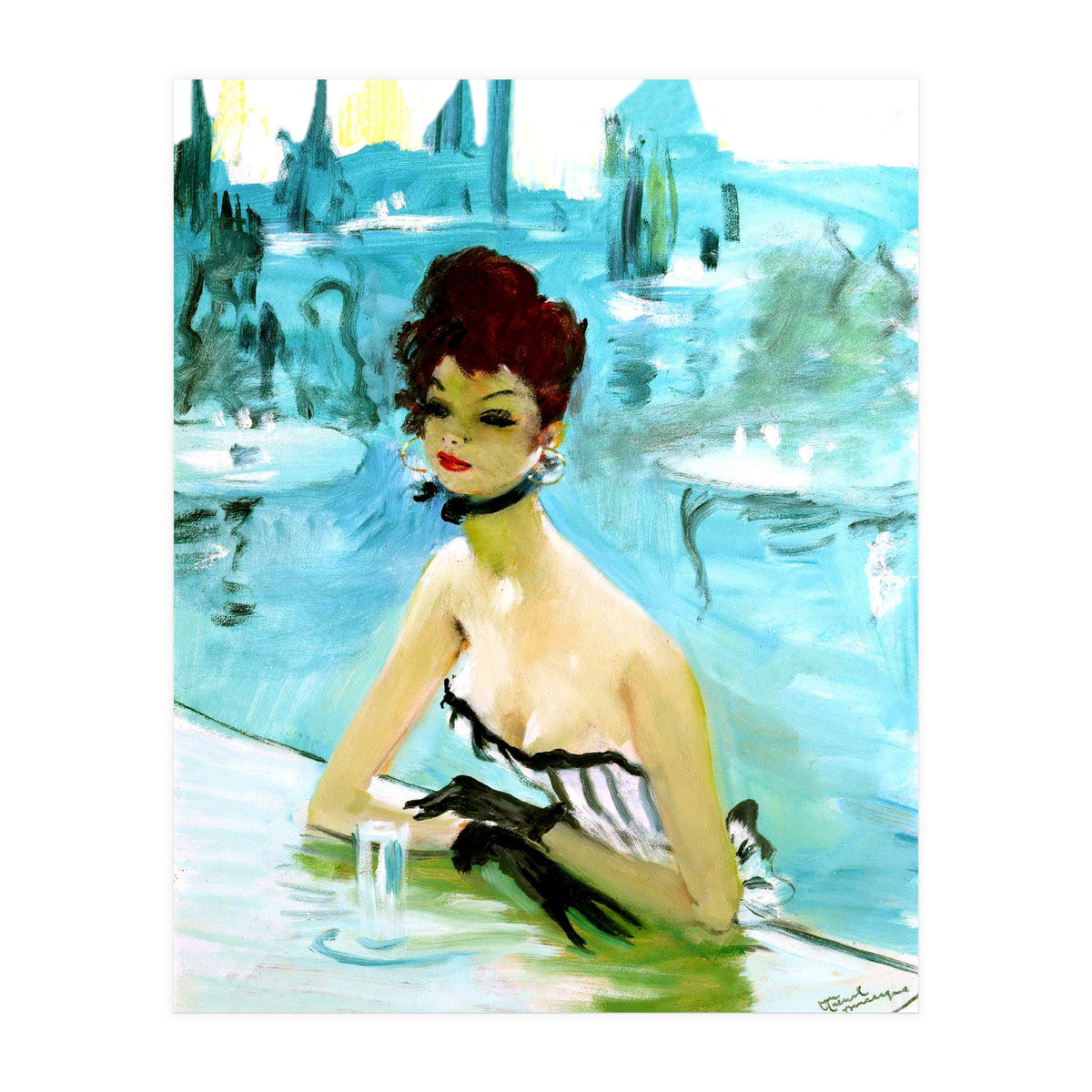 Pinup Girl In Cafe, Watercolor Painting (Print Only)
