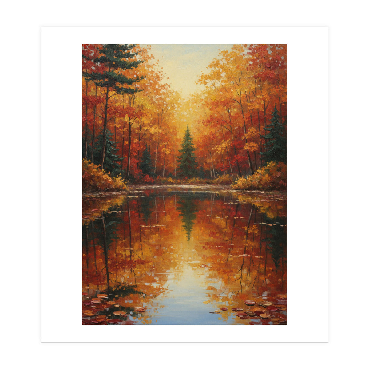 Golden Autumn Reflection: Impasto Forest Landscape (Print Only)