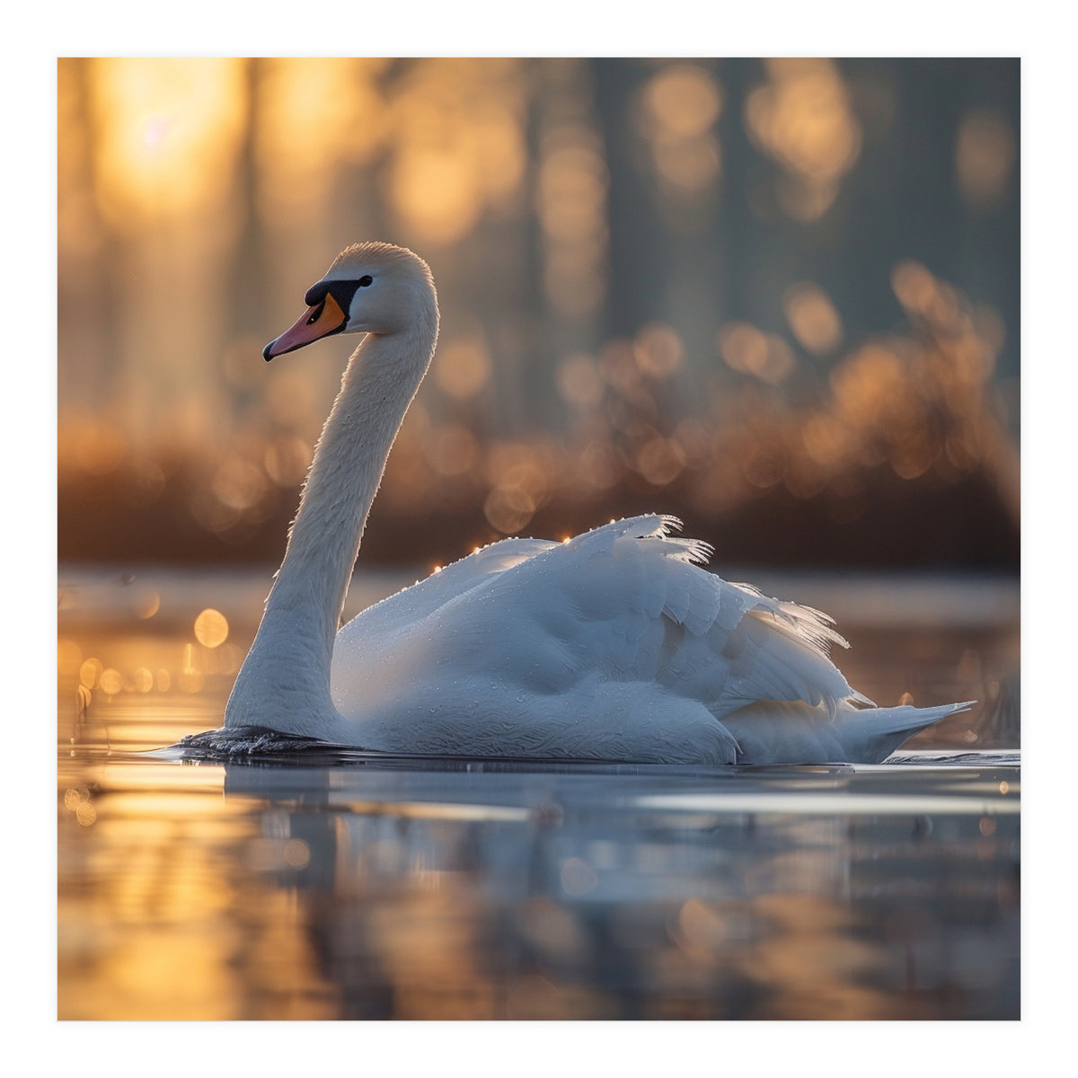 Majestic Swan Gliding On Water At Sunset (Print Only)