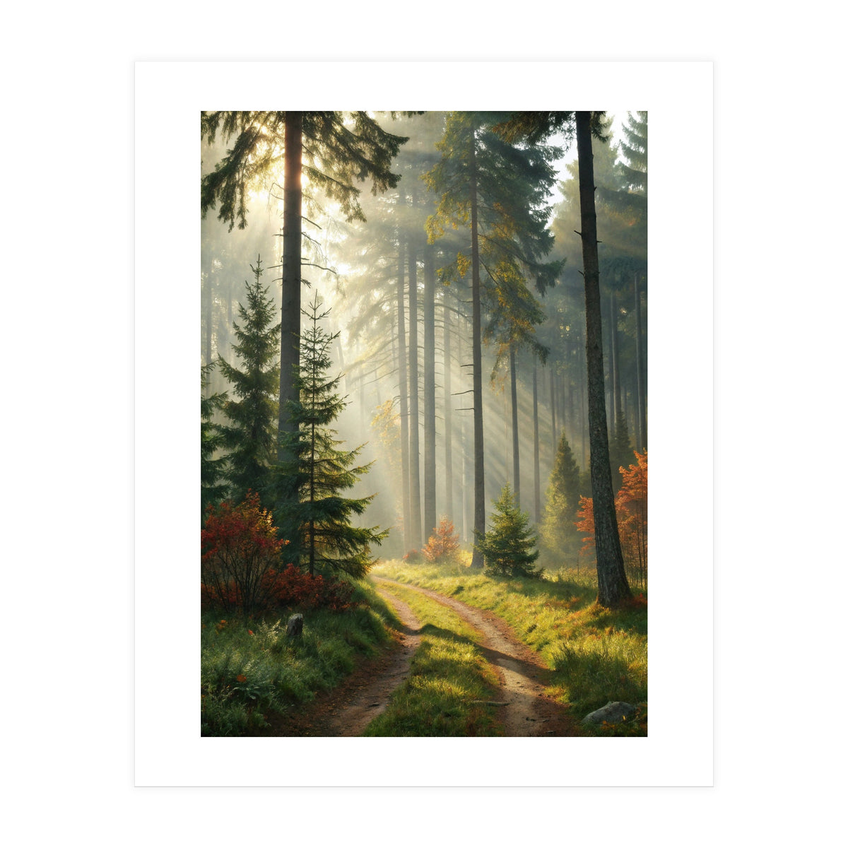 The Golden Path: Ethereal Sunbeams Piercing Through a Misty Evergreen Forest at Dawn (Print Only)