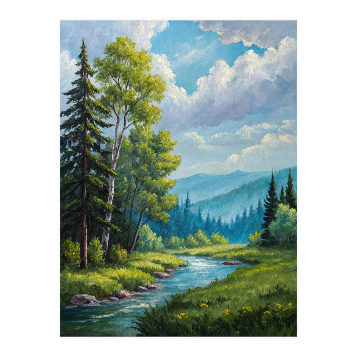 Serene Mountain River Landscape Oil Painting (Print Only)