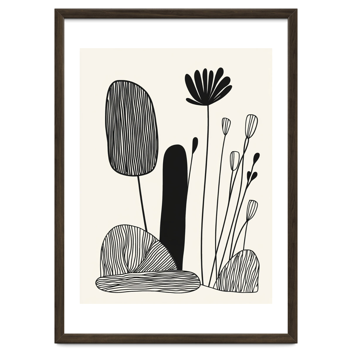 Abstract Black And White Botanical Illustration With Organic Shapes