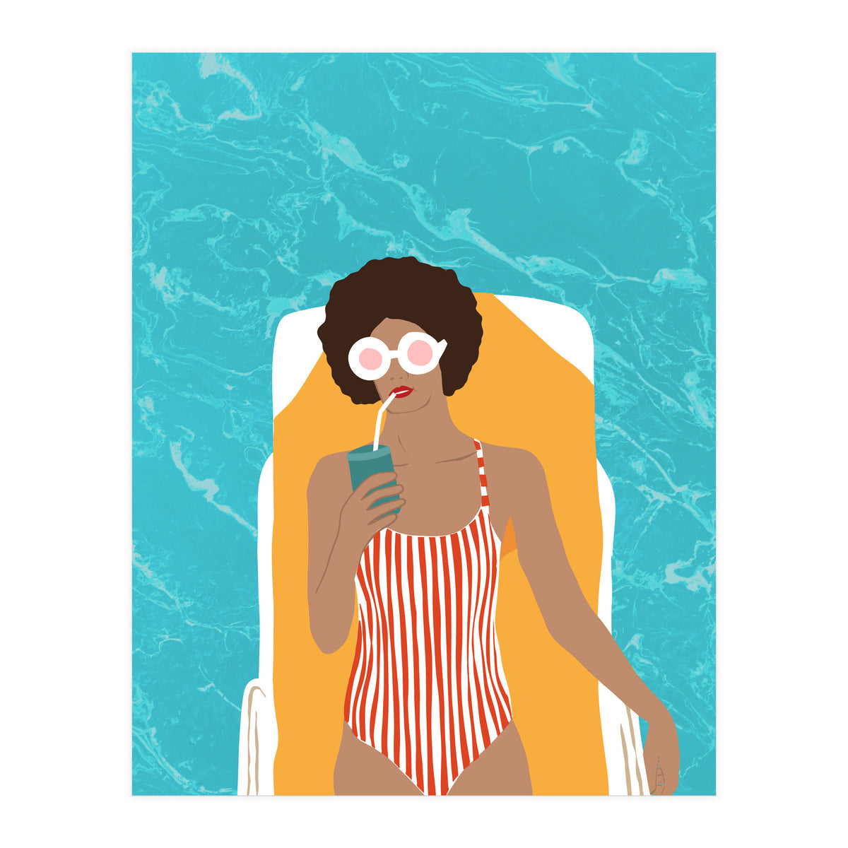 Chilling In The Moment, Eclectic Bohemian Black Woman Of Color, Swimming Pool Afro Fashion Vacation Enjoy Summer (Print Only)