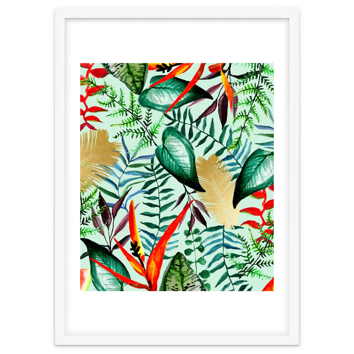 Paradise, Tropical Jungle Botanical Bohemian Illustration, Palm Bird of Paradise Gold Painting