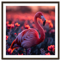 Pink Flamingo Bird Standing Among Flowers At Sunset
