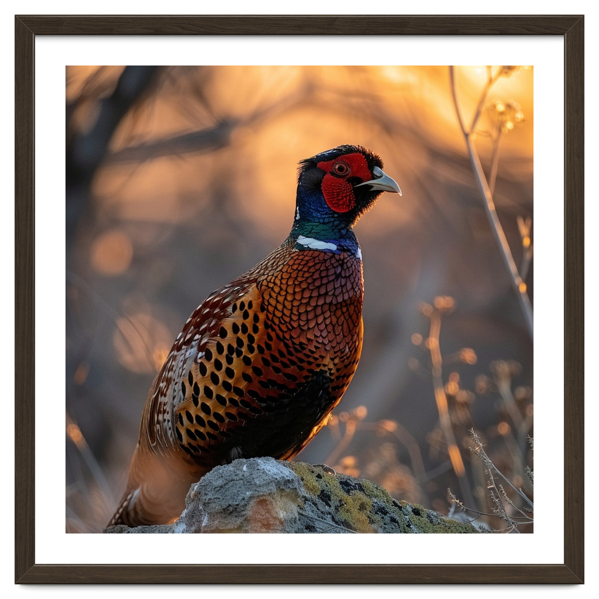 Pheasant Bird Standing On Rock Sunrise Light