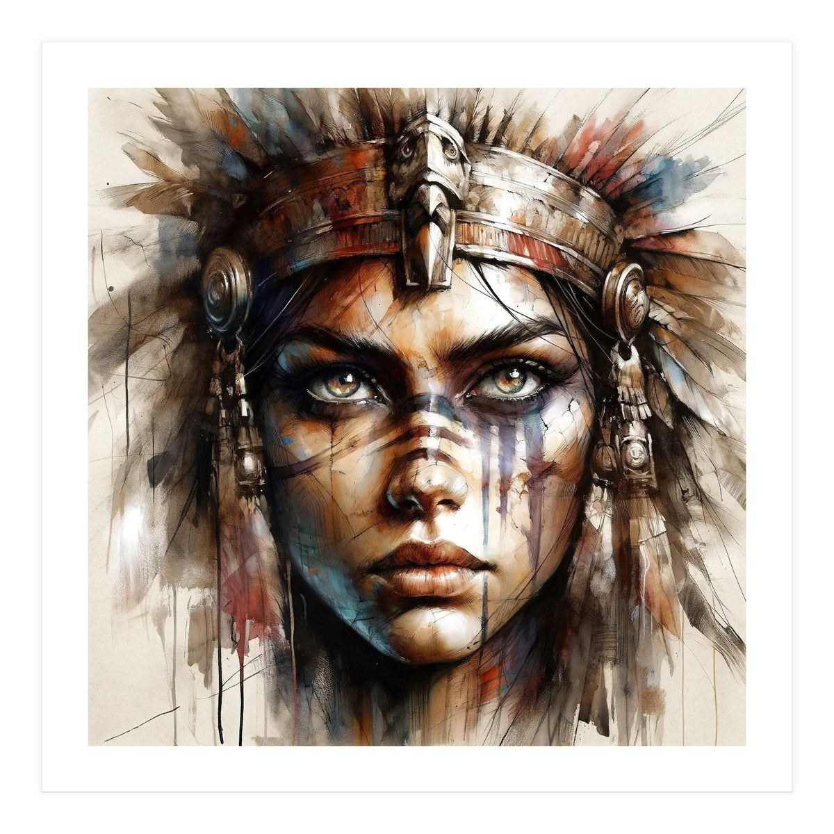 Regal Warrior Woman Watercolor Portrait (Print Only)