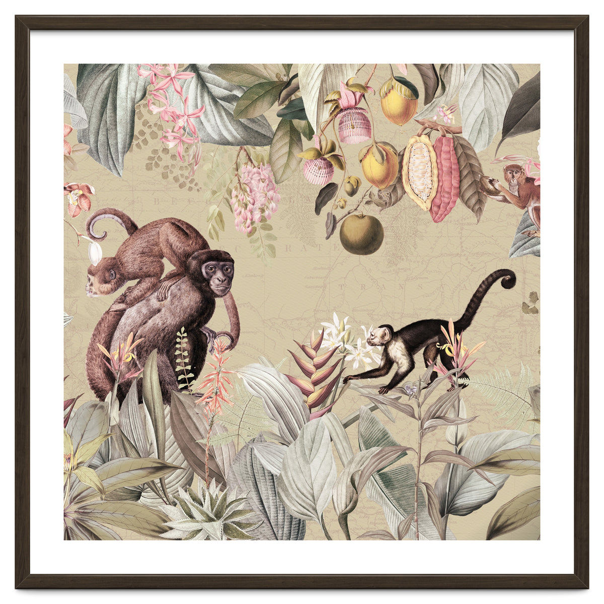 Vintage Exotic Monkeys In African Jungle Landscape