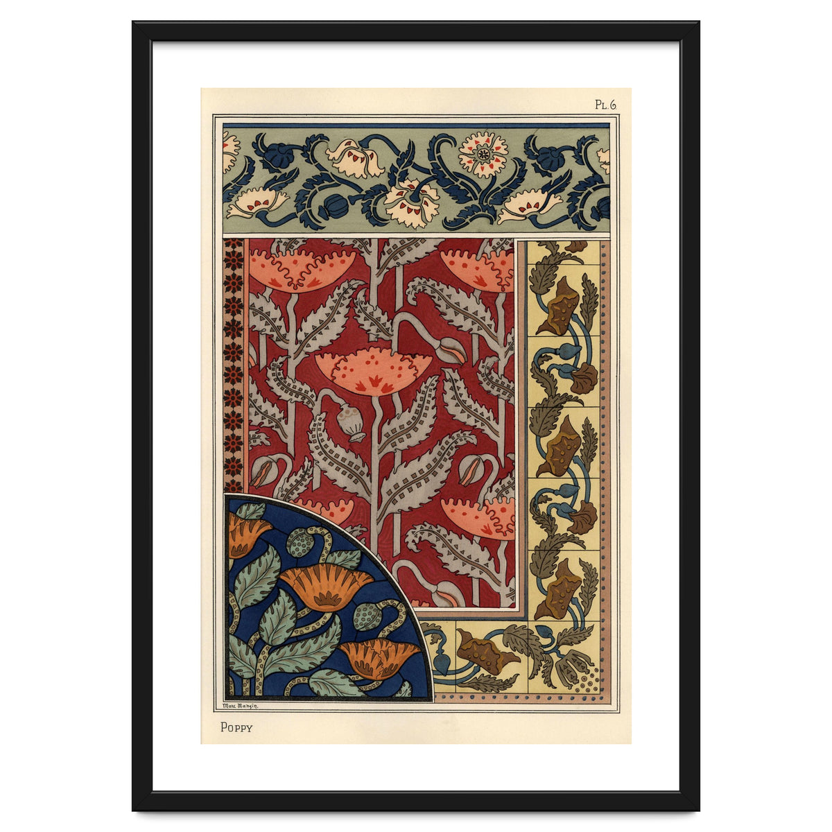 The poppy, Papaver somniferum, in stained glass, wallpaper, fabric and tile patterns. Lithograph ...