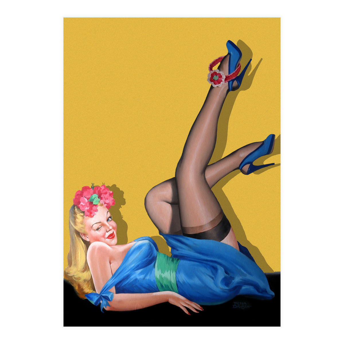 Sexy Pinup Winking Girl In Showing Her New High Heels (Print Only)