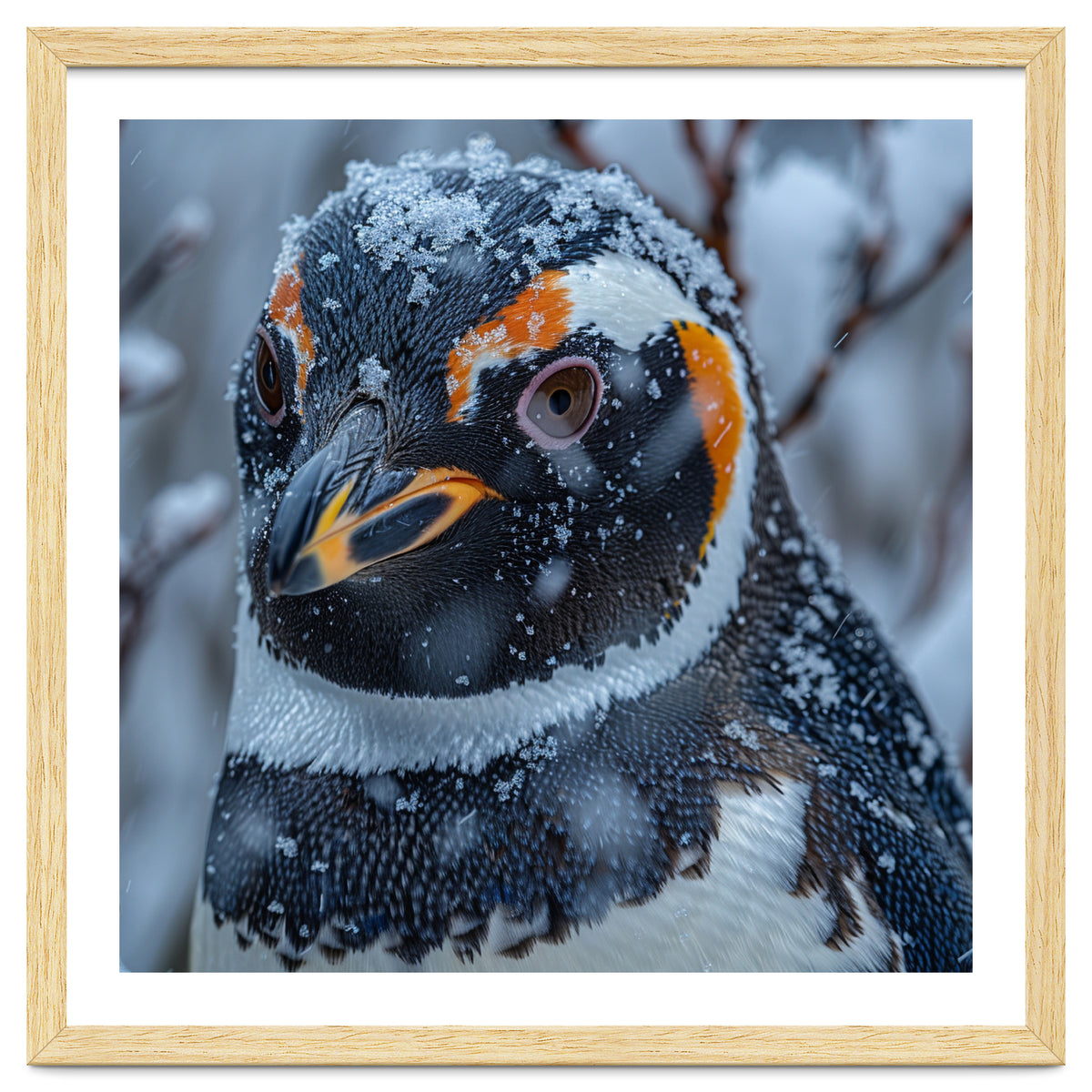 Penguin In Snow Falling Close Up Portrait