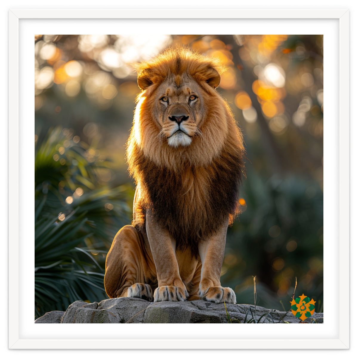 Majestic Lion Sitting On A Rock At Sunset