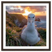 Albatross Bird On Grassy Cliff At Sunset