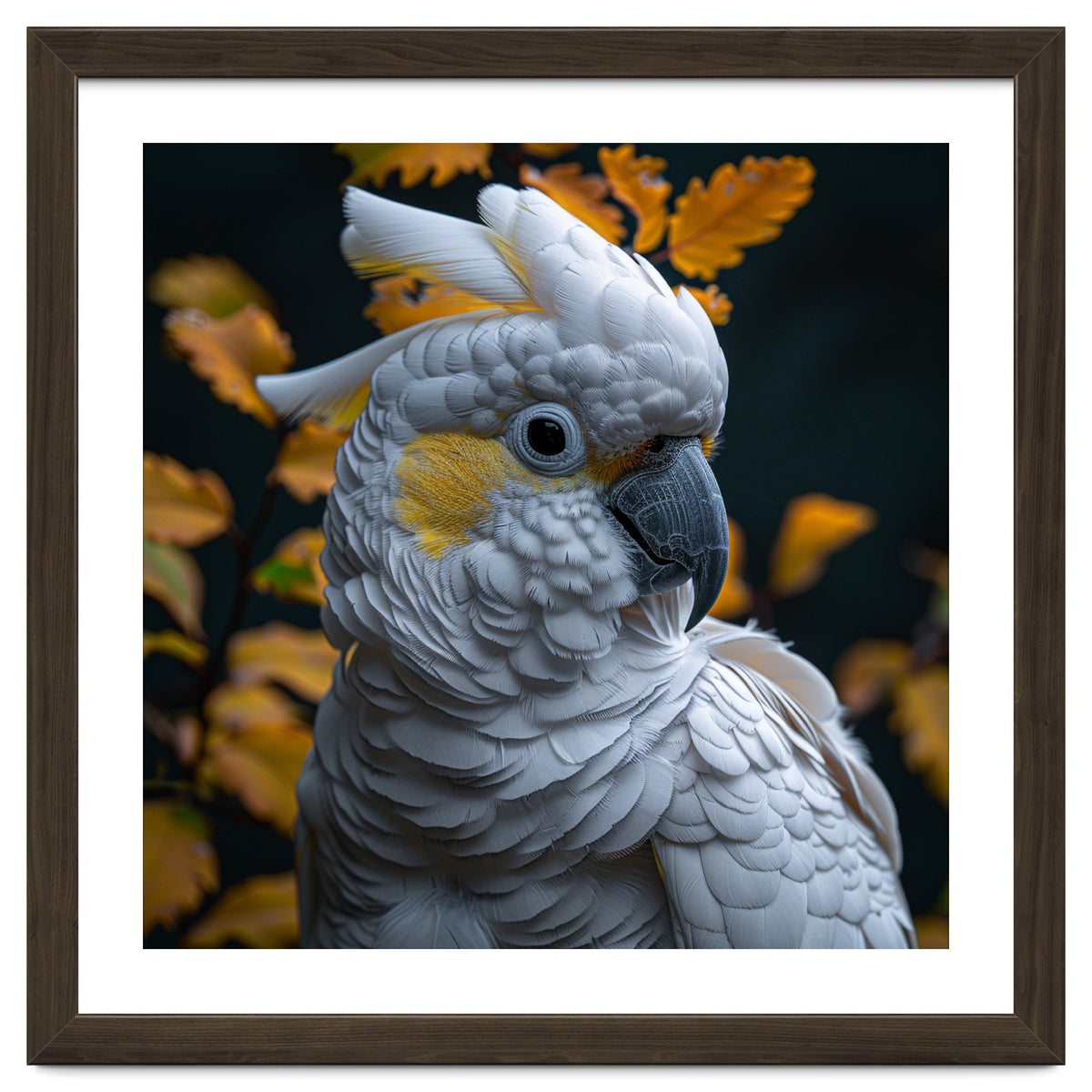 Yellow Crested Cockatoo Portrait Autumn Leaves Dark