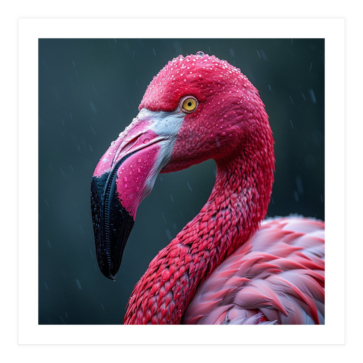 Close Up Pink Flamingo In Rain Drops (Print Only)