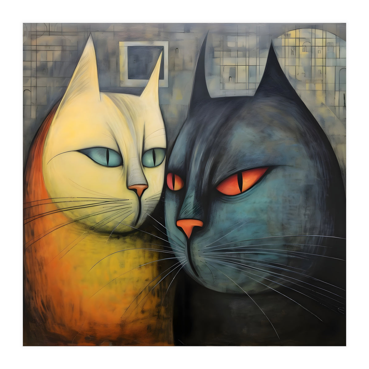 FURRY FRIENDS: GOLDIE AND CHARCOAL, lively duo of animated cats – green eyes, orange eyes. Whiskers charm. (Print Only)