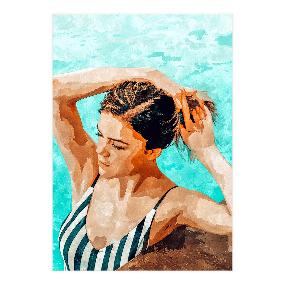 Simulacrum | Modern Bohemian Woman Swim | Summer Swimming Pool Fashion Watercolor Painting (Print Only)