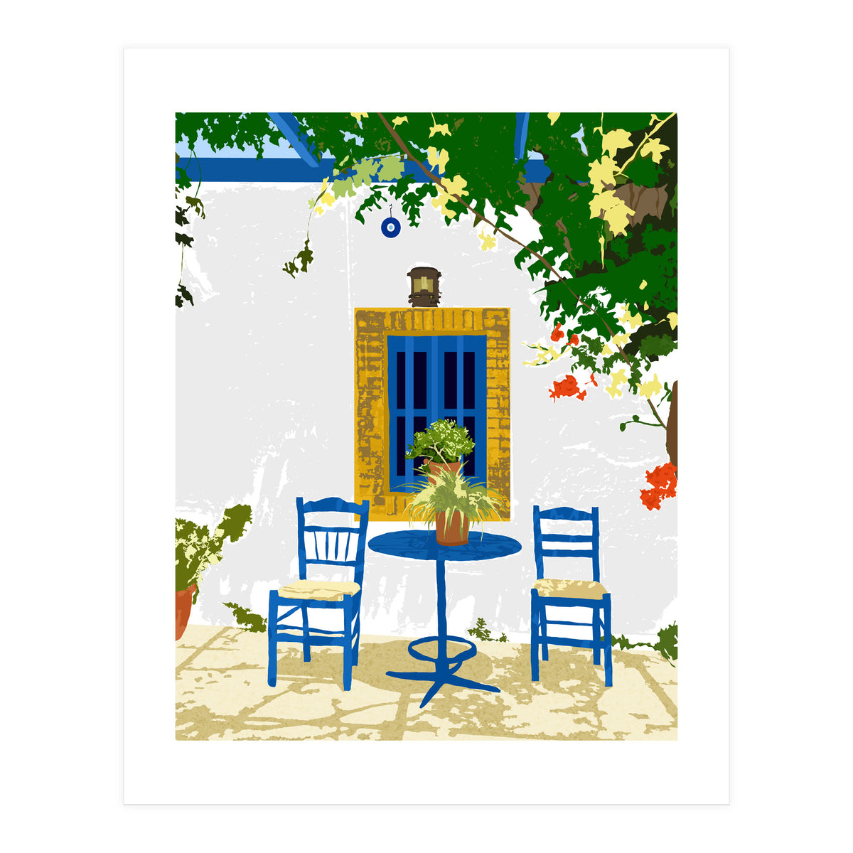 Greek Vacay For Two, Evil Eye Santorini Travel Summer, Eclectic Travel Architecture White Buildings Cafe (Print Only)