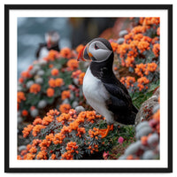 Atlantic Puffin Bird Perched On Orange Flowers