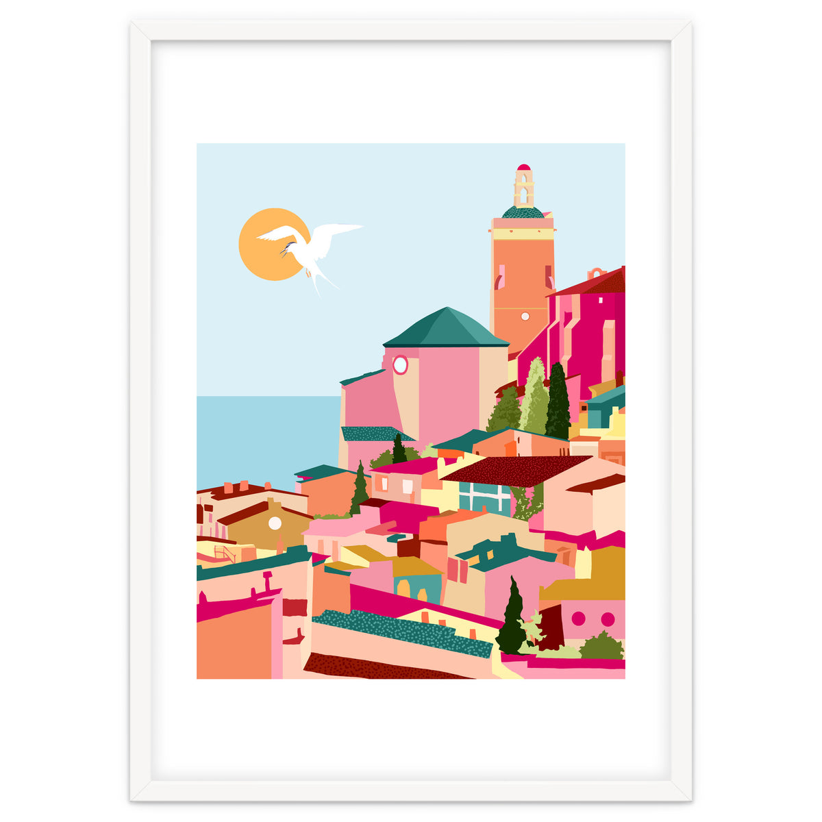 Crimson Rouge, Colorful Architecture Buildings, Greece Cityscape Skyline, Seagull Travel Summer Eclectic Bohemian Pop Of Color Positivity