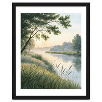 Serene River Sunrise Watercolor Painting with Meadow Grasses and Warm Golden Atmosphere Landscape