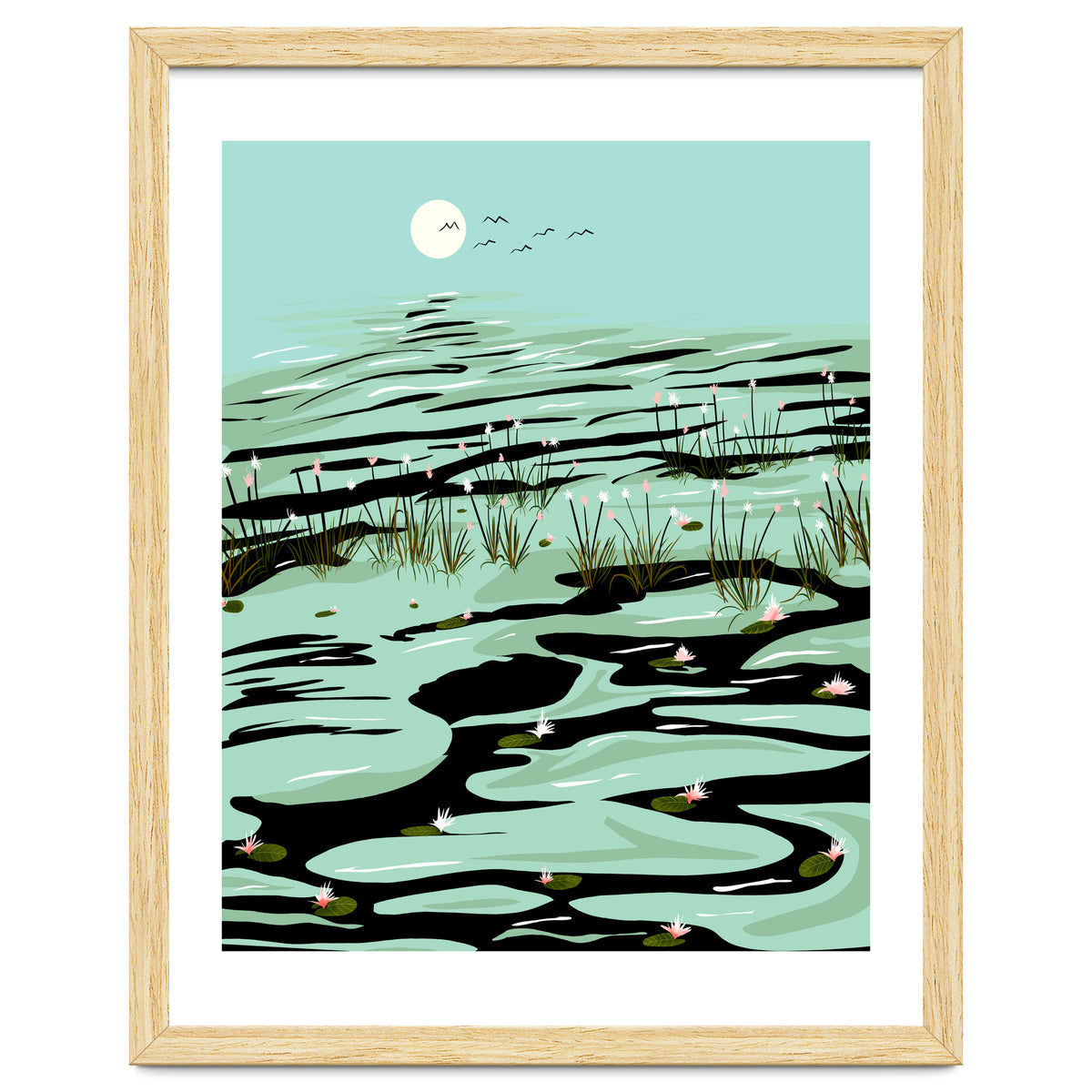 Dreamy Lake, Pastel Nature Botanical Jungle Landscape, Travel Pond Forest Plants Bohemian, Eclectic Scenic