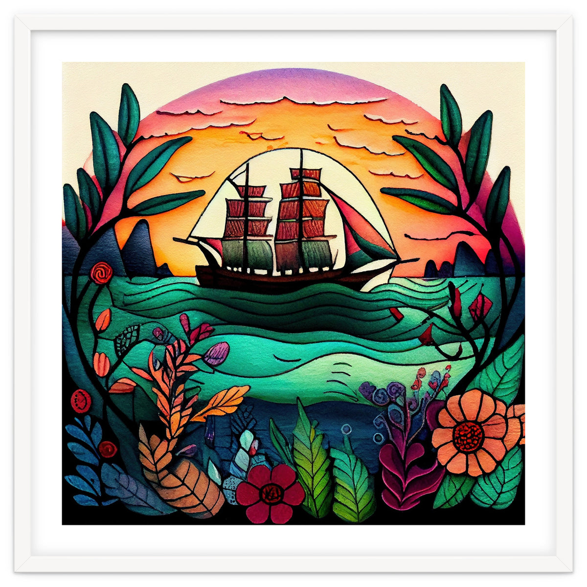 Folk Sunset Sailing Ship