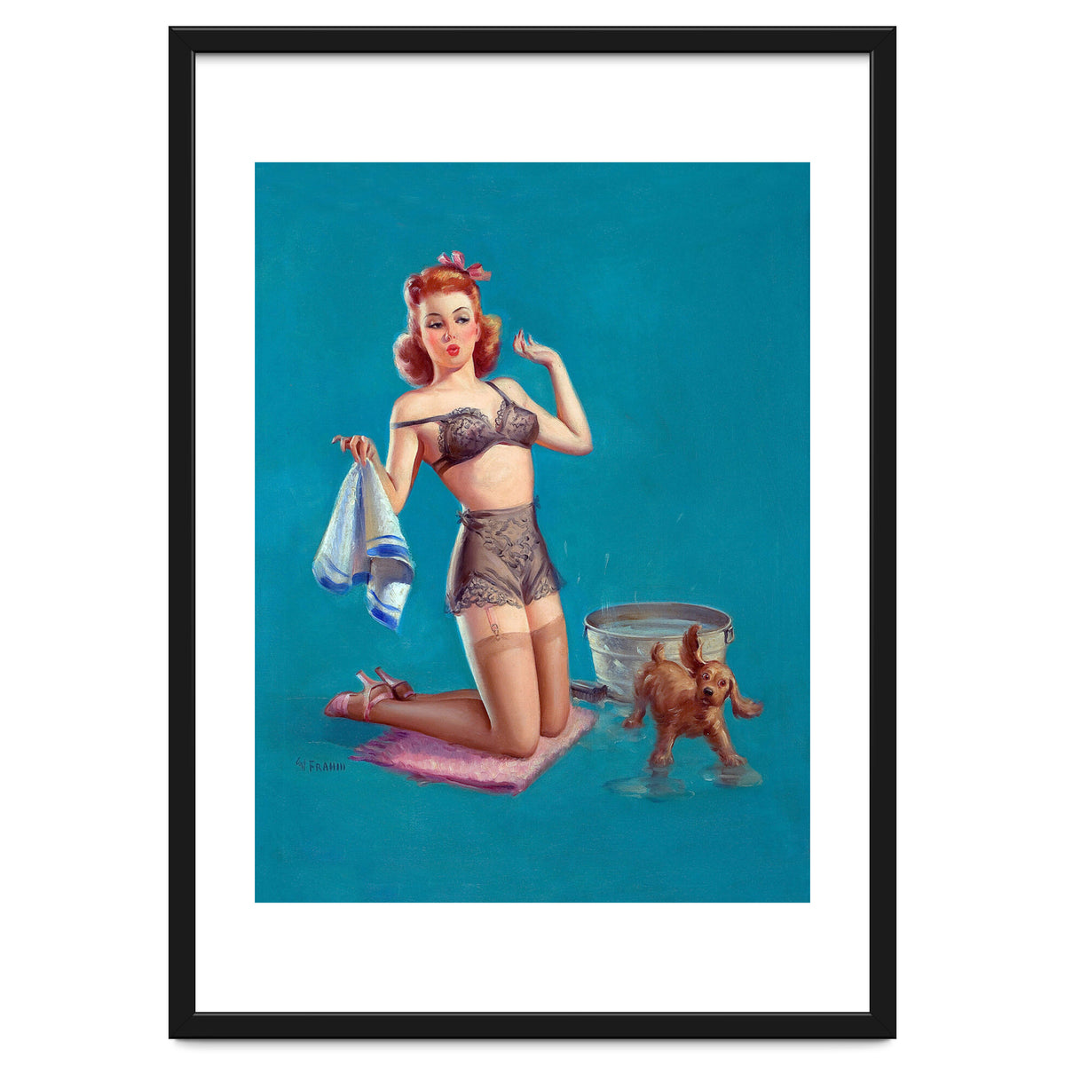 Pinup Girl Bathing A Dog