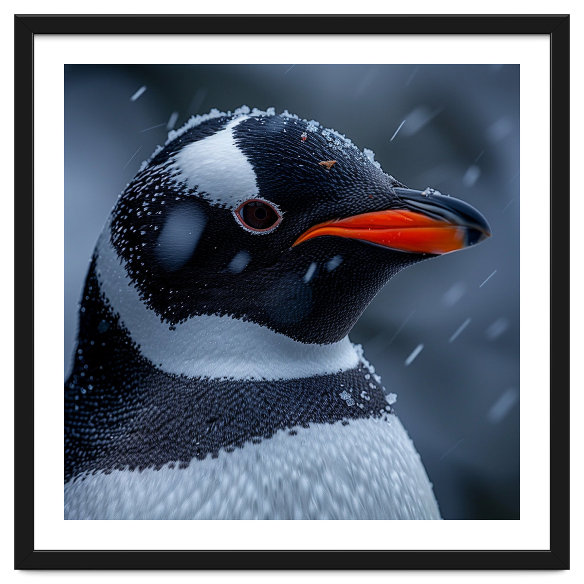 Close Up Penguin Portrait In Snowy Weather