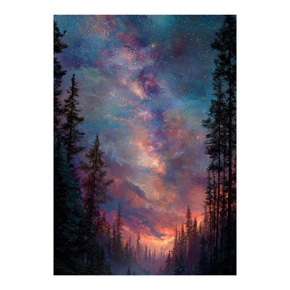 Magical Milky Way Night Sky over Pine Forest Silhouette Art (Print Only)