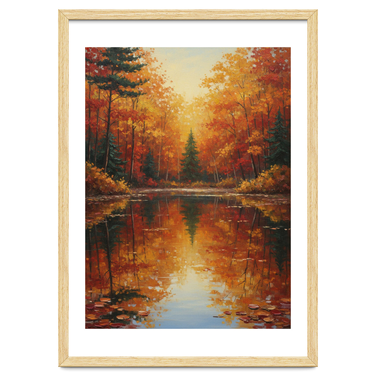 Golden Autumn Reflection: Impasto Forest Landscape