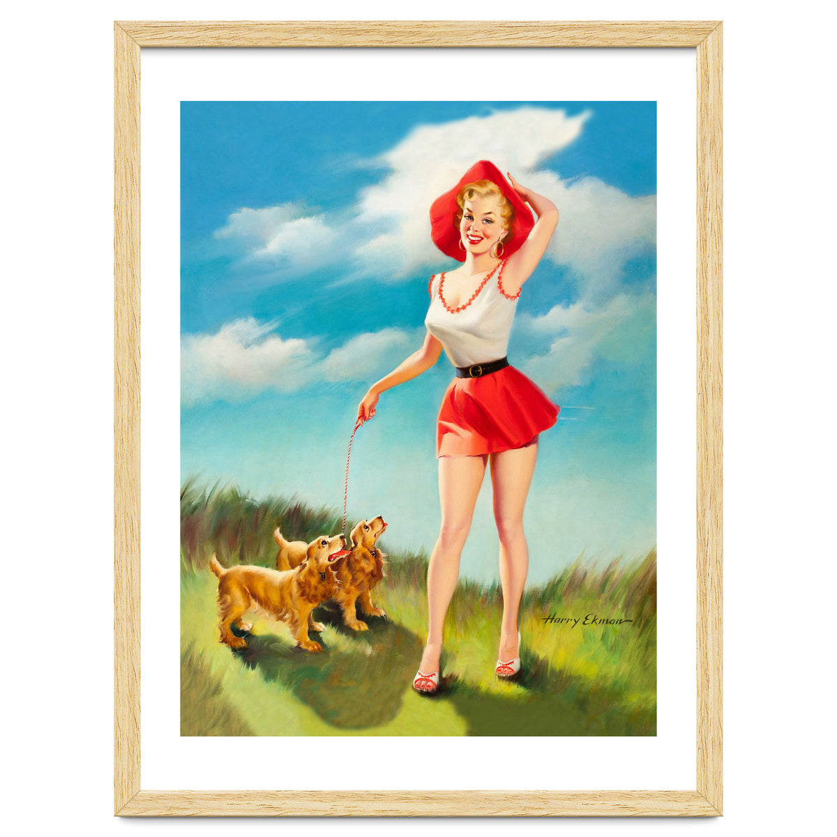 Pinup Girl In Little Red Dress And Two Dogs