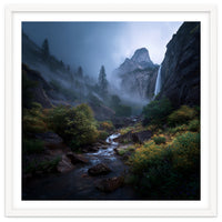 Majestic Misty Mountain Valley with Cascading Waterfall