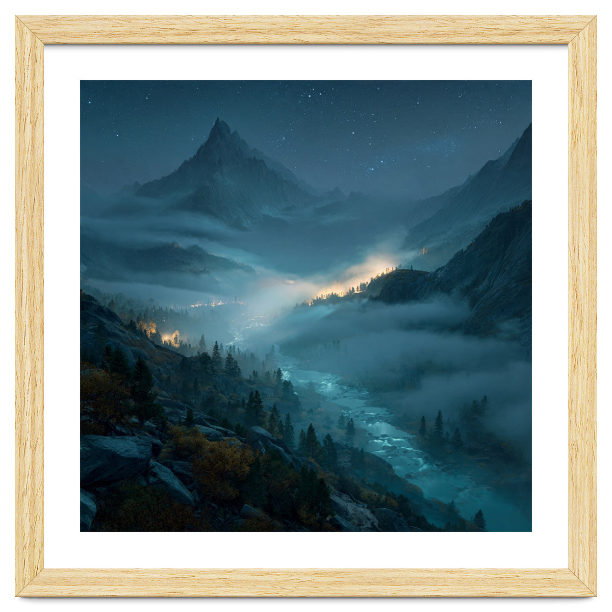 Moonlit Alpine Valley at Night with Shimmering River