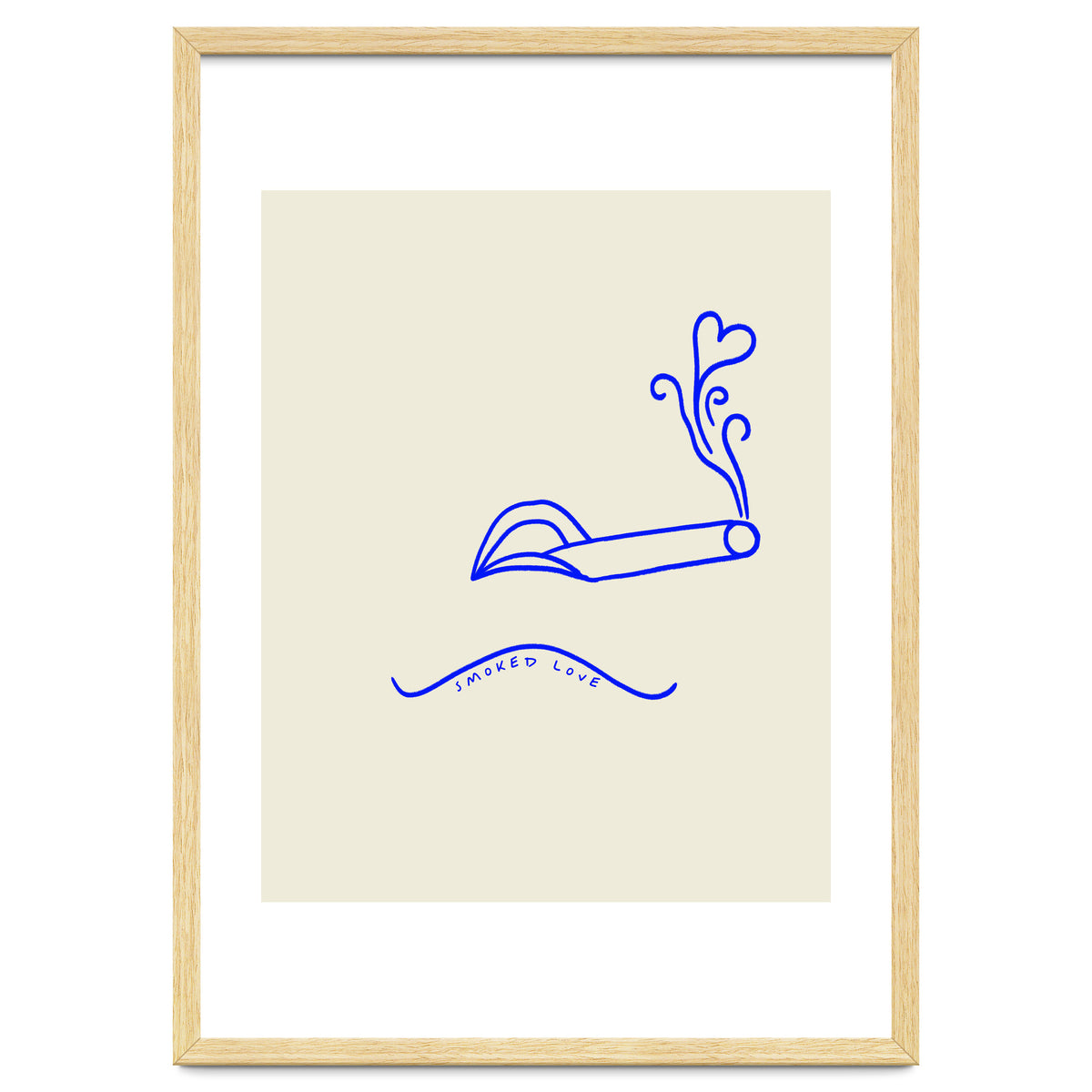 Smoked Love, Line Art Drawing Sketch, Minimalism Doodle Woman Cigarette Cigar Smoke, Eclectic Bohemian Framed