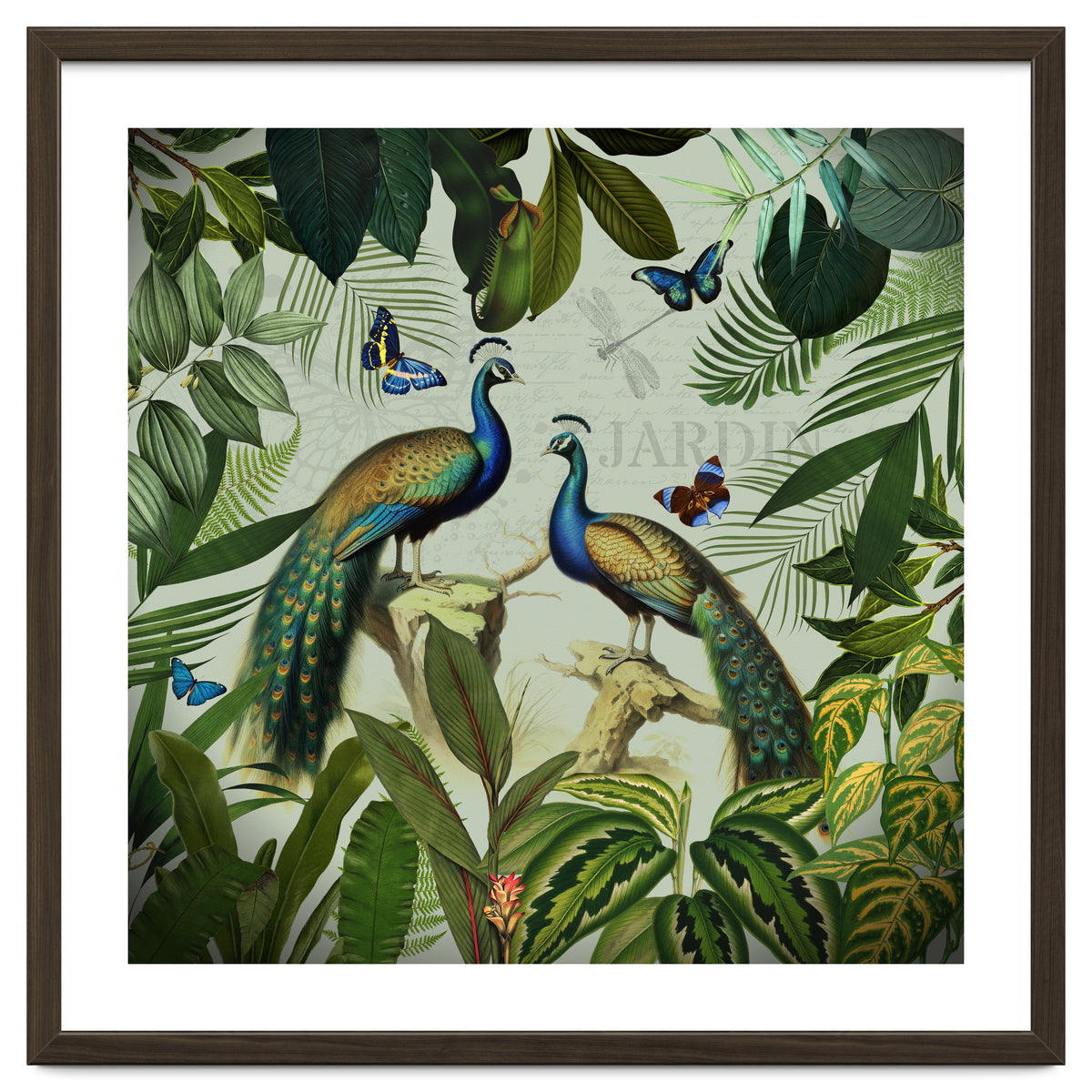 Vintage Exotic Asian Peacocks In Tropical Jungle Landscape