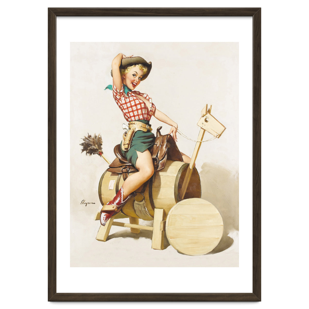 Pinup Cowgirl Riding A Wooden Horse Made Of Barrel