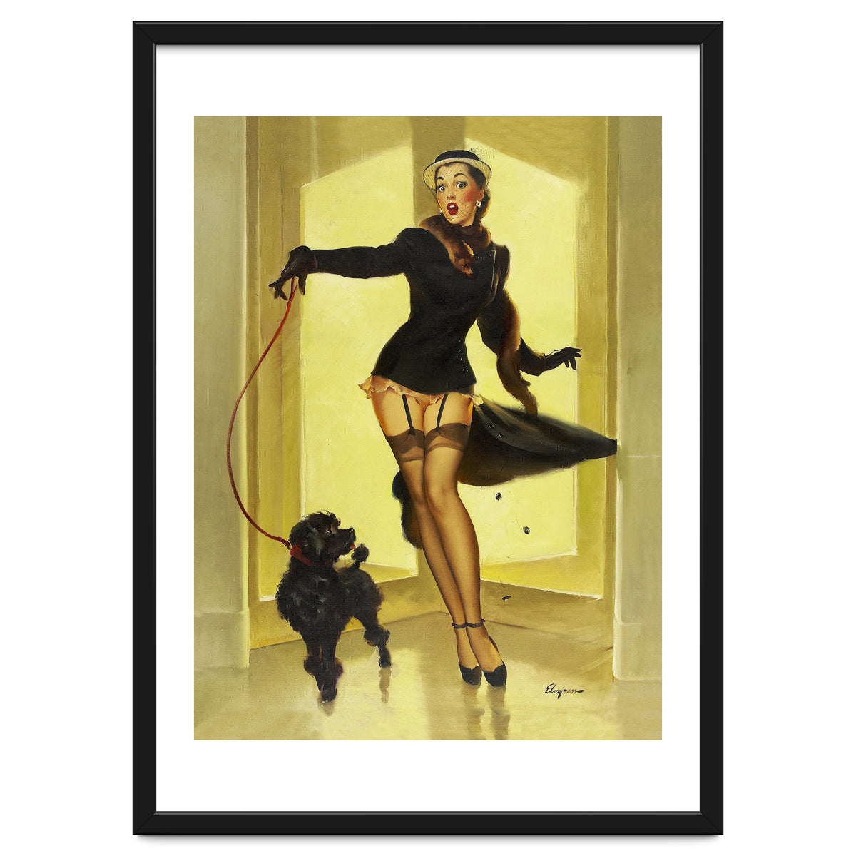 Pinup Girl In Black Dress On A Hall Experiencing Sudden Wind