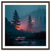Atmospheric Twilight Pine Forest with Glowing Crimson Light