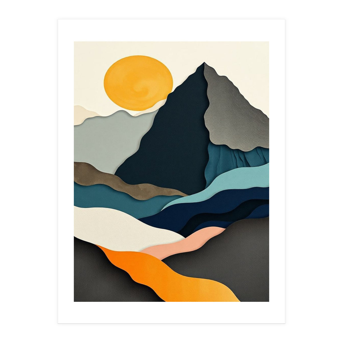 Minimalist Layered Mountain Landscape with Golden Sun (Print Only)