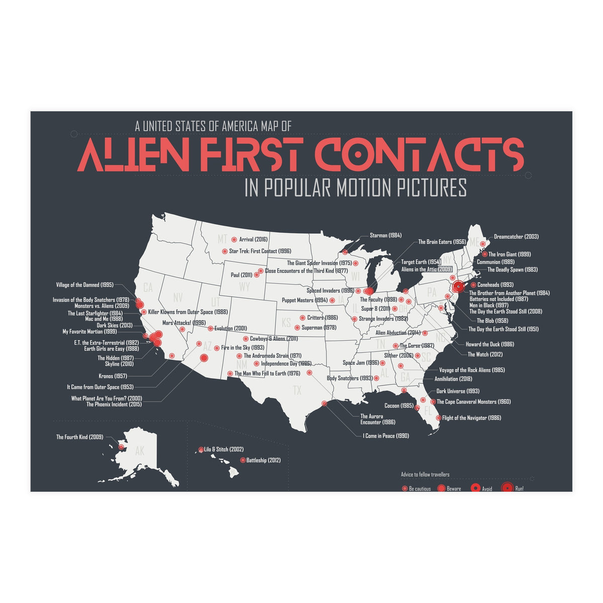 USA Map of Alien First Contacts in Movies (Print Only)