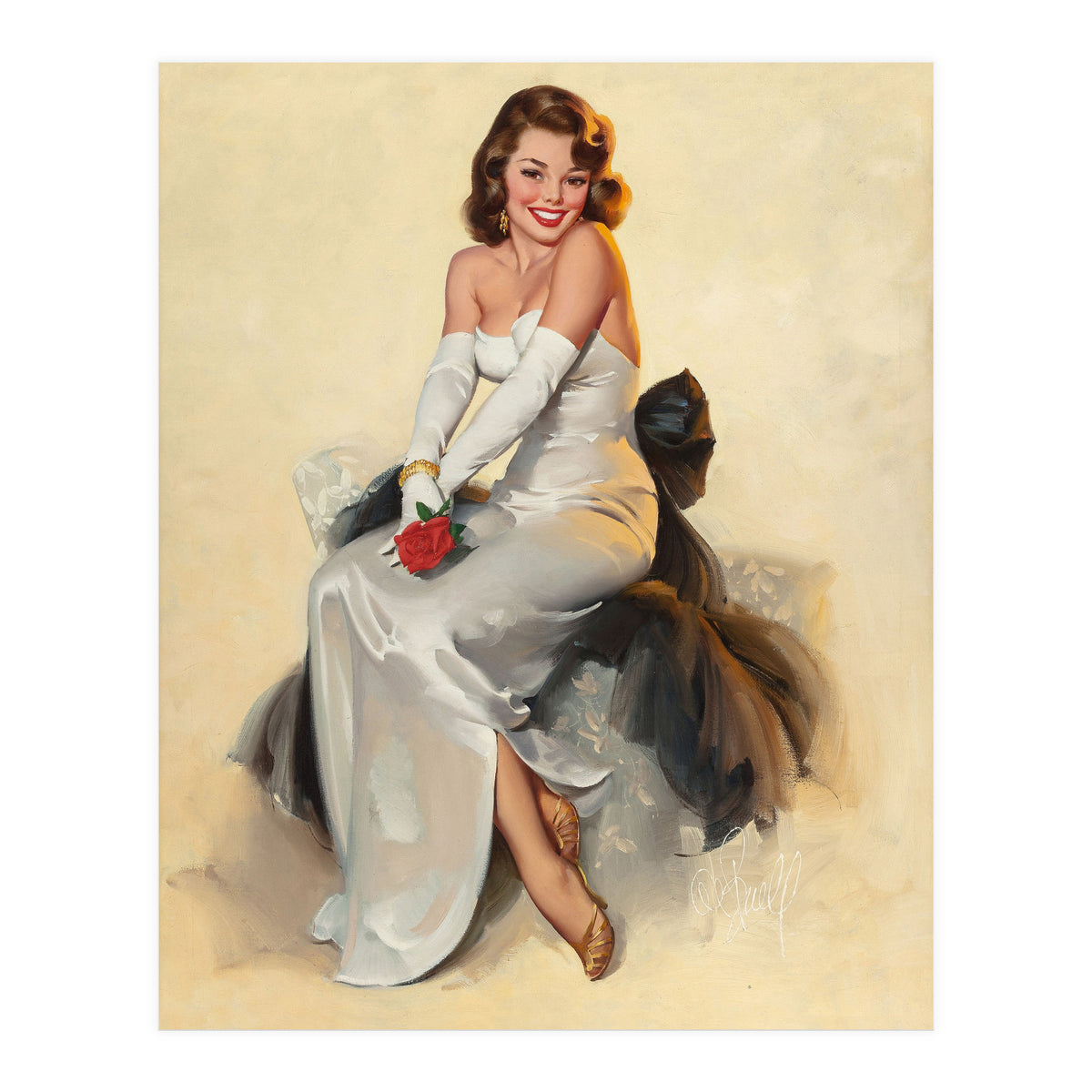 Smiling Young Woman Posing With Flower (Print Only)