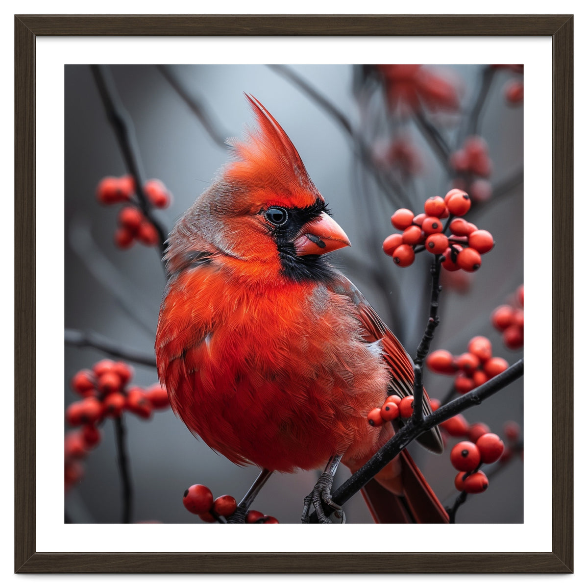 Northern Cardinal Bird Perched Among Red Berries