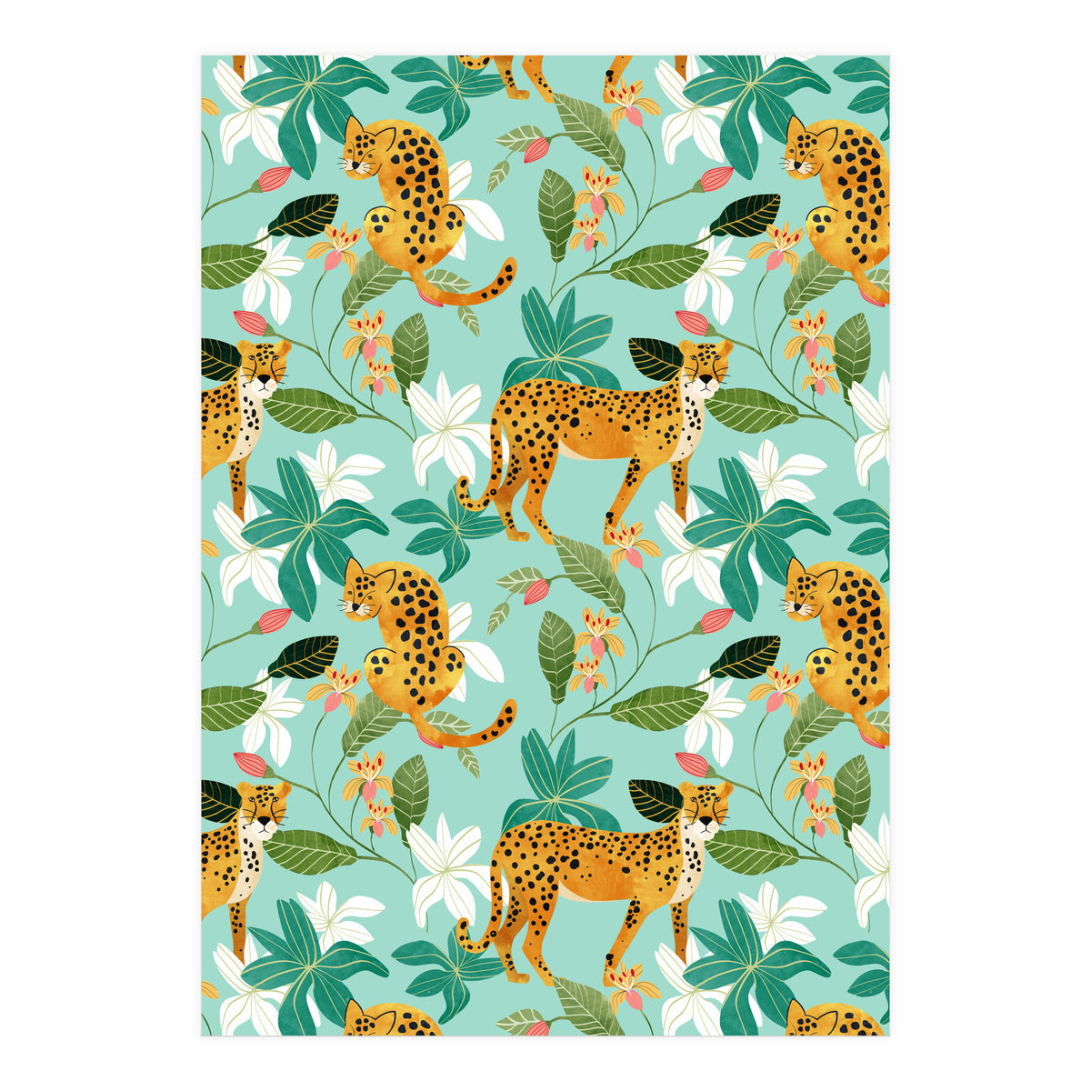 Cheetah Jungle, Wildlife Nature Wild Cats Tigers Leopard Botanical Animals Mint Quirky Illustration (Print Only)